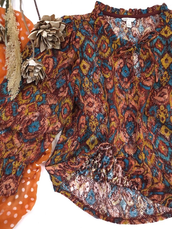 Cato Tops - Cato Boho Printed Sheer Blouse in Rust Multicolor Sz L